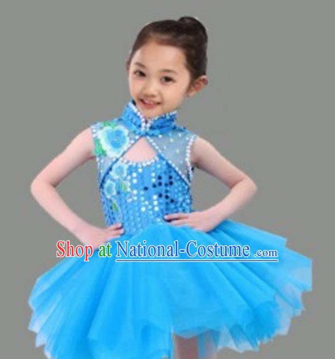 Chinese Classical Stage Performance Dance Costume, Children Chorus Modern Dance Blue Dress for Kids