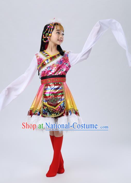 Traditional Chinese Mongol Nationality Dance Rosy Costume, Mongols Children Folk Dance Ethnic Pleated Skirt for Kids