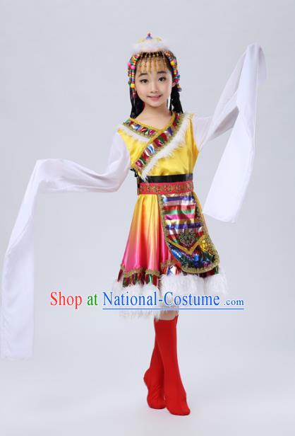 Traditional Chinese Mongol Nationality Dance Costume, Mongols Children Folk Dance Ethnic Pleated Skirt for Kids