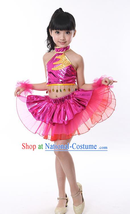 Chinese Classical Stage Performance Jazz Dance Costume, Children Modern Dance Rosy Bubble Dress for Kids