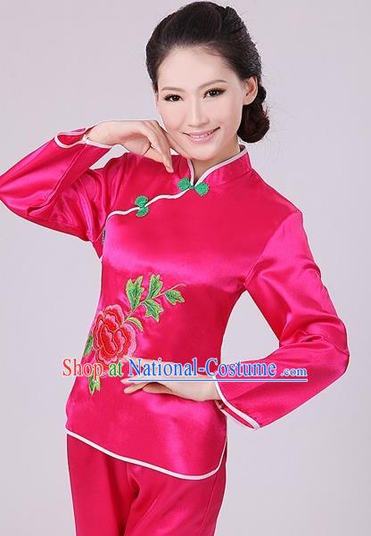 Chinese Traditional Fan Dance Costume, China Folk Dance Rosy Uniform Yangko Clothing for Women