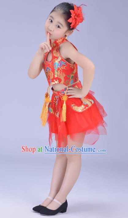 Chinese Classical Stage Performance Dance Costume, Children Yangko Dance Red Bubble Dress for Kids