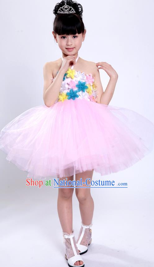 Chinese Classical Stage Performance Modern Dance Costume, Children Dance Pink Bubble Dress for Kids