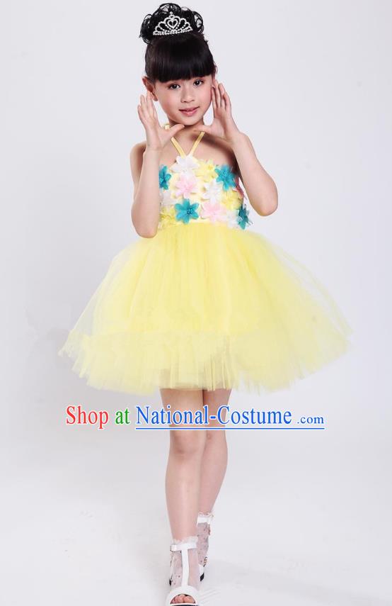 Chinese Classical Stage Performance Modern Dance Costume, Children Dance Yellow Bubble Dress for Kids