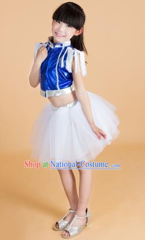 Chinese Classical Stage Performance Modern Dance Blue Costume, Children Jazz Dance Bubble Dress for Kids