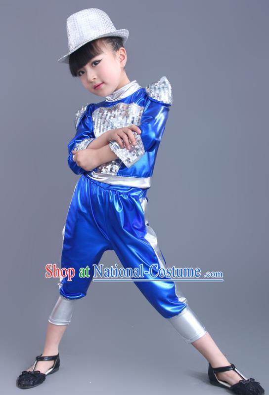 Chinese Classical Stage Performance Jazz Dance Blue Costume, Children Modern Dance Clothing for Kids