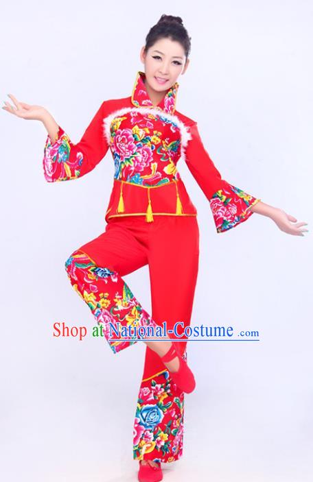 Chinese Traditional Fan Dance Printing Costume Folk Dance Drum Dance Red Uniform Yangko Clothing for Women