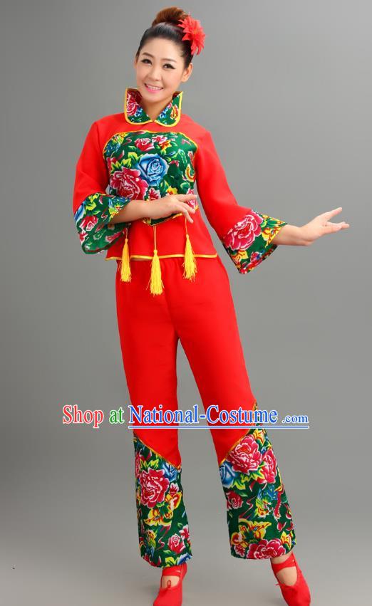 Chinese Traditional Fan Dance Printing Costume Folk Dance Drum Dance Green Uniform Yangko Clothing for Women