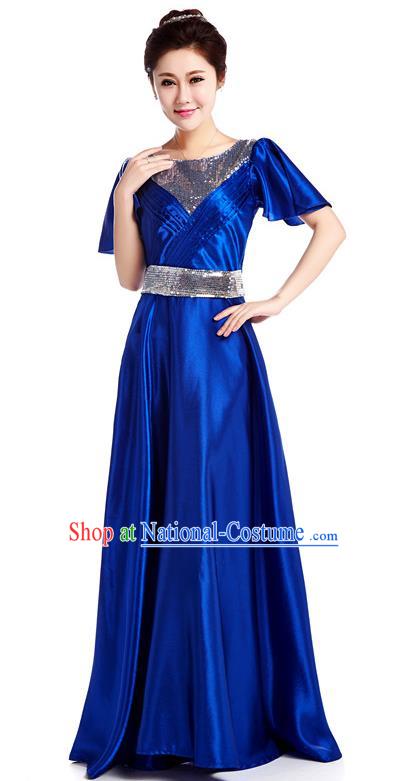 Chinese Classic Stage Performance Chorus Singing Group Costume, Chorus Competition Royalblue Dress for Women