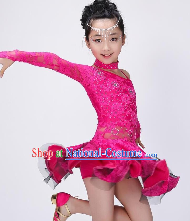 Chinese Classic Stage Performance Costume Children Modern Latin Dance Rosy Dress for Kids