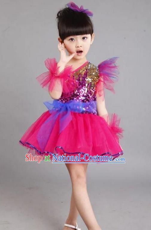 Chinese Classic Stage Performance Costume Children Modern Dance Princess Rosy Bubble Dress for Kids