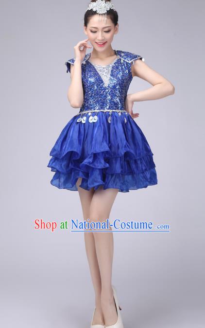 Chinese Classic Stage Performance Costume Modern Dance Blue Bubble Dress for Women