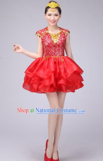 Chinese Classic Stage Performance Costume Modern Dance Red Bubble Dress for Women