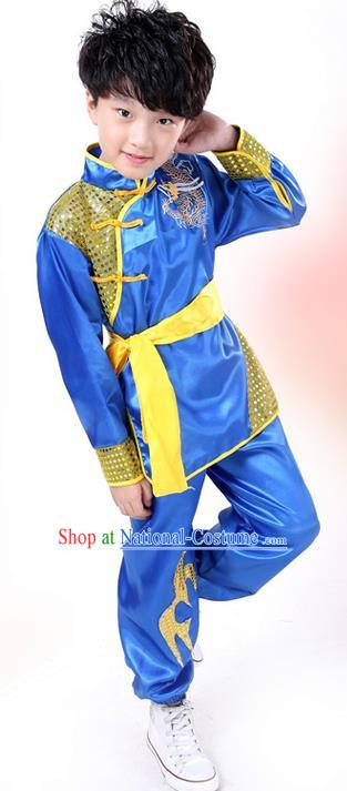 Traditional Chinese Yangge Dance Costume, Folk Dance Lion Dance Blue Uniform Yangko Clothing for Kids