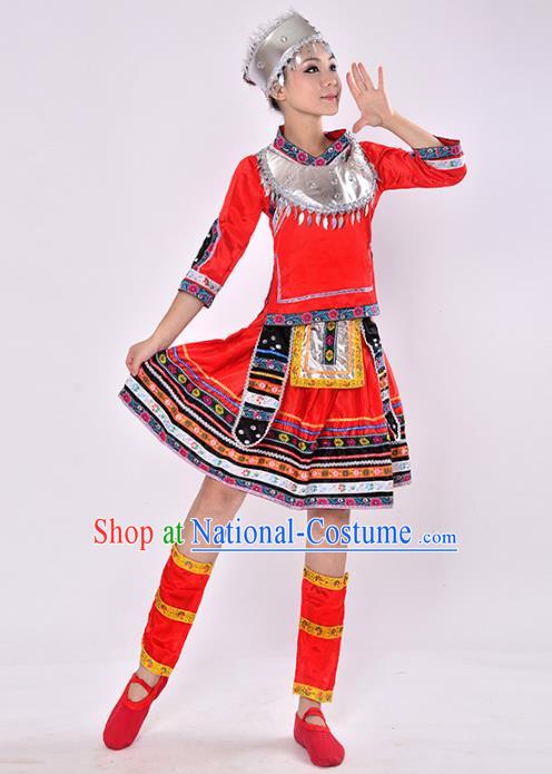 Traditional Chinese Miao Nationality Dance Costume, Hmong Folk Dance Red Dress for Women