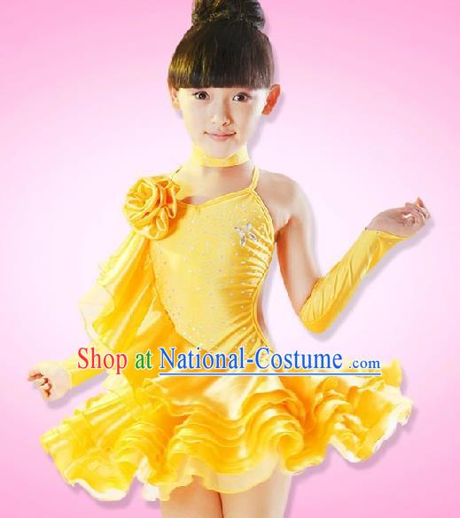 Top Grade Children Stage Performance Costume, Professional Latin Dance Yellow Dress for Kids