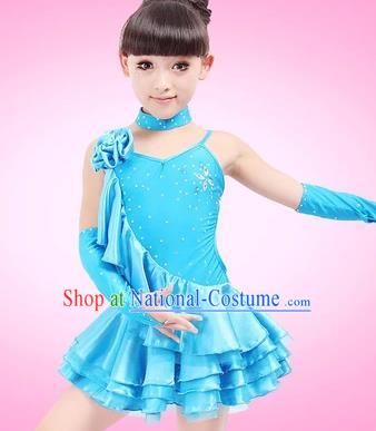 Top Grade Children Stage Performance Costume, Professional Latin Dance Blue Dress for Kids