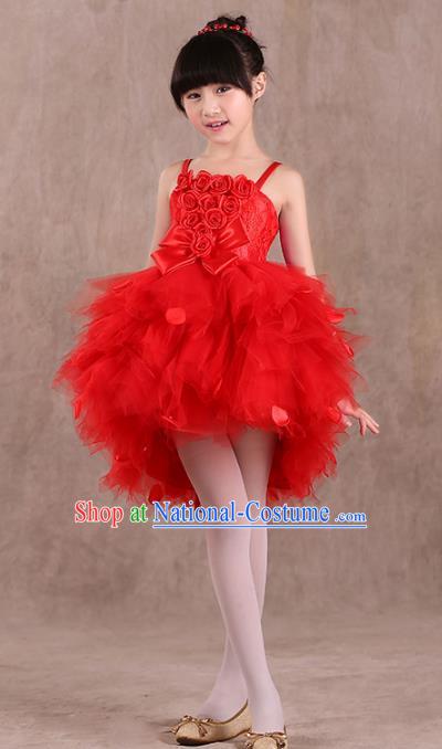 Top Grade Children Stage Performance Compere Costume, Professional Chorus Singing Group Red Bubble Dress for Kids