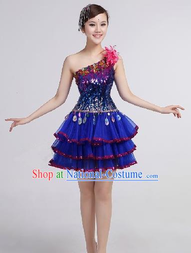 Top Grade Stage Performance Compere Costume, Professional Chorus Singing Group Blue Bubble Dress for Women