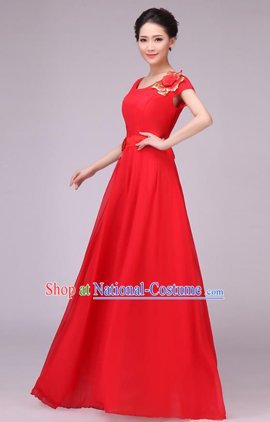 Traditional Chinese Modern Dance Compere Costume, Chorus Singing Group Dance Red Dress for Women