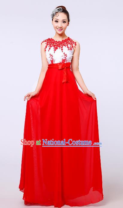 Traditional Chinese Modern Dance Compere Costume, Chorus Singing Group Red Dress for Women