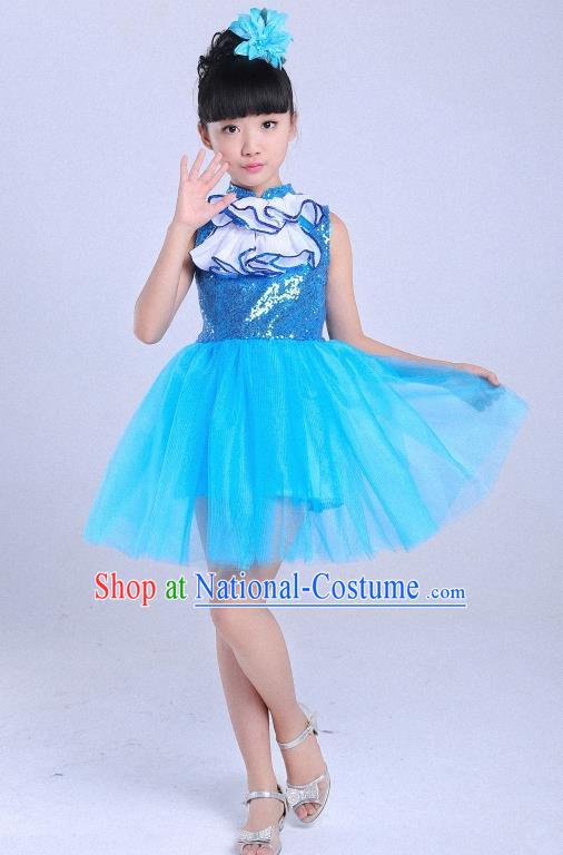 Children Modern Dance Compere Costume Blue Dress, Chorus Singing Group Girls Clothing for Kids