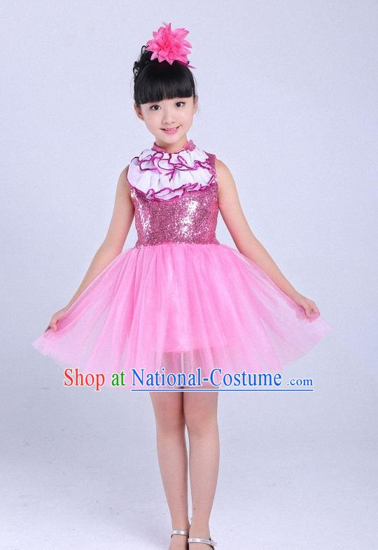 Children Modern Dance Compere Costume Pink Dress, Chorus Singing Group Girls Clothing for Kids