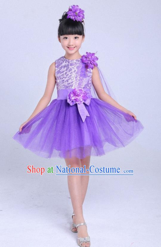 Children Modern Dance Compere Costume Purple Bubble Dress, Chorus Singing Group Girls Clothing for Kids