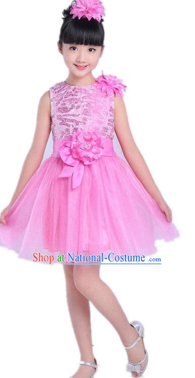 Children Modern Dance Compere Costume Pink Bubble Dress, Chorus Singing Group Girls Clothing for Kids