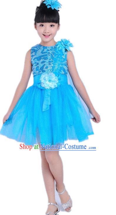 Children Modern Dance Compere Costume Blue Bubble Dress, Chorus Singing Group Girls Clothing for Kids