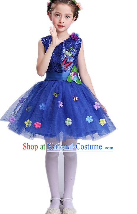 Top Grade Children Modern Dance Costume, Professional Chorus Sing Group Blue Dress for Kids