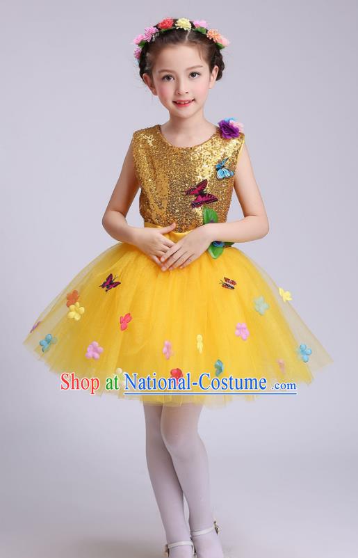 Top Grade Children Modern Dance Costume, Professional Chorus Sing Group Yellow Dress for Kids