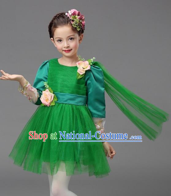 Top Grade Modern Dance Costume, Children Chorus Singing Group Dance Green Veil Dress for Kids