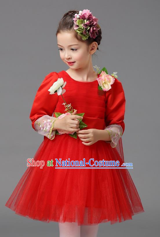 Top Grade Modern Dance Costume, Children Chorus Singing Group Dance Red Veil Dress for Kids