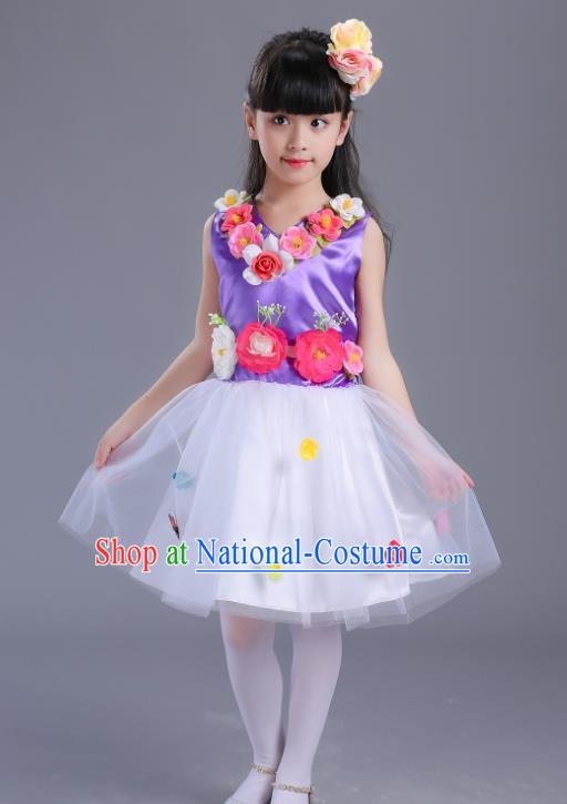 Top Grade Flower Faerie Modern Dance Costume, Children Chorus Singing Group Dance Purple Dress for Kids