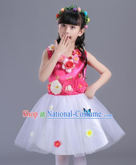 Top Grade Flower Faerie Modern Dance Costume, Children Chorus Singing Group Dance Pink Dress for Kids