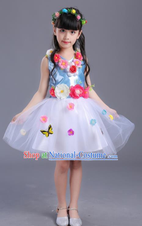 Top Grade Flower Faerie Modern Dance Costume Blue Dress, Children Chorus Singing Group Dance Clothing for Kids