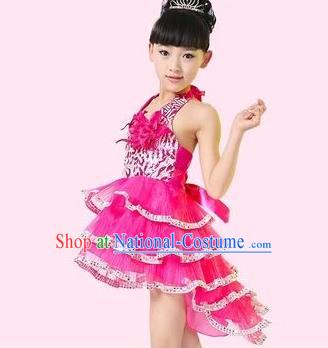 Top Grade Stage Performance Latin Dance Costume, Professional Modern Dance Rosy Swallow-tailed Dress for Kids