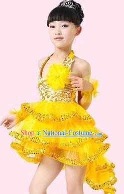 Top Grade Stage Performance Latin Dance Costume, Professional Modern Dance Yellow Swallow-tailed Dress for Kids