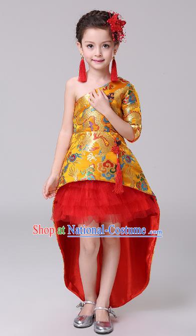 Top Grade Stage Performance Dance Costume, Professional Modern Dance Yellow Trailing Dress for Kids