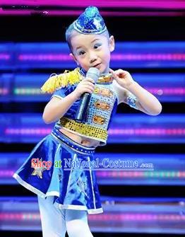 Top Grade Stage Performance Jazz Dance Costume, Professional Modern Dance Blue Dress for Kids