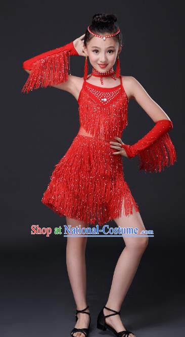 Top Grade Stage Performance Jazz Dance Costume, Professional Modern Dance Red Tassel Uniforms for Kids