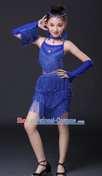 Top Grade Stage Performance Jazz Dance Costume, Professional Modern Dance Blue Tassel Uniforms for Kids