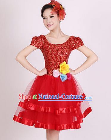 Top Grade Stage Performance Dance Chorus Costume, Professional Modern Dance Red Bubble Dress for Women