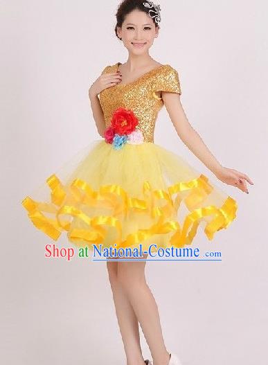 Top Grade Stage Performance Dance Chorus Costume, Professional Modern Dance Yellow Bubble Dress for Women