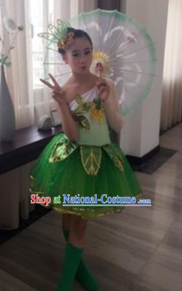 Top Grade Stage Performance Lotus Dance Costume, Professional Classical Dance Green Clothing for Kids