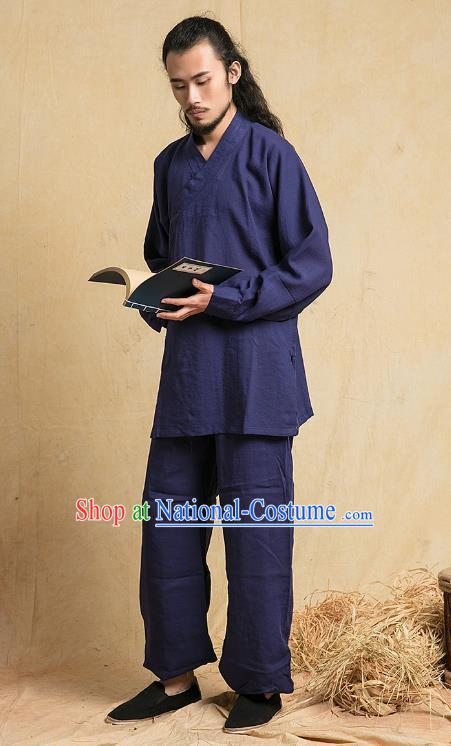 Top Grade Kung Fu Costume Martial Arts Training Navy Linen Suits Gongfu Wushu Tang Suit Clothing for Men