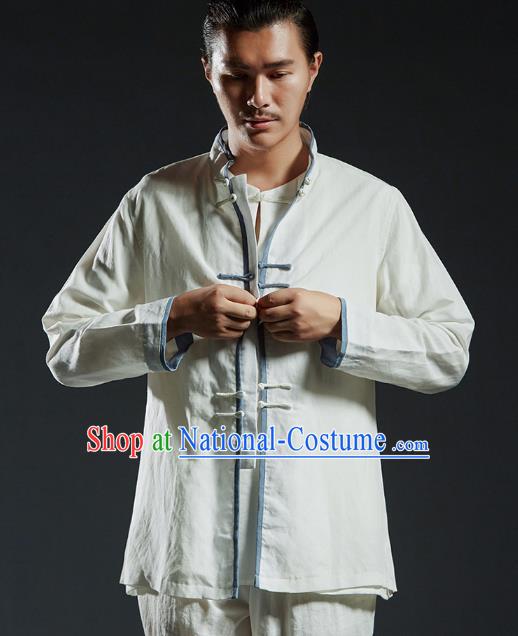 Chinese Kung Fu Costume Plated Buttons White Linen Shirts Martial Arts Gongfu Wushu Tang SuitsTai Chi Clothing for Men