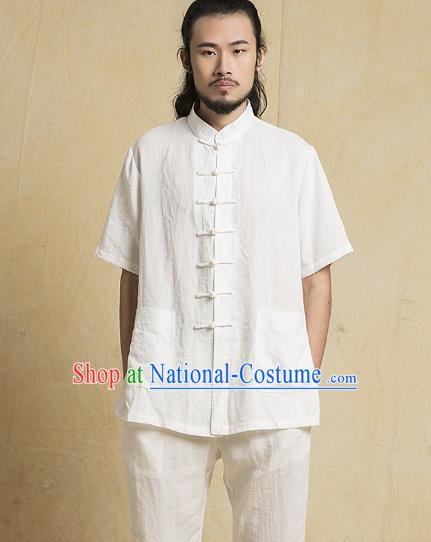 Chinese Kung Fu Costume Plated Buttons White Linen Suits Martial Arts Gongfu Wushu Tang Suits Tai Chi Clothing for Men