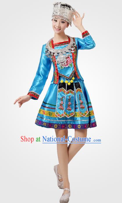 Traditional Chinese Ethnic Costume Chinese Miao Minority Nationality Dance Blue Dress for Women